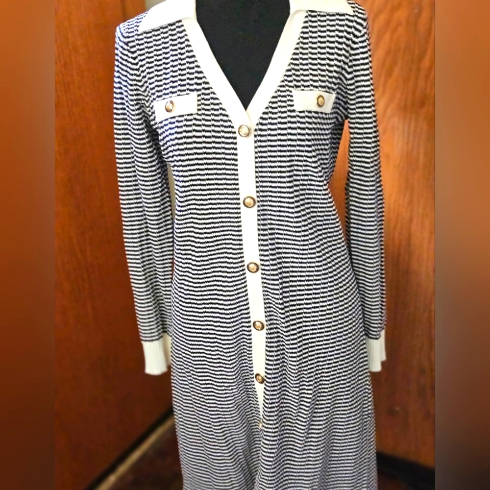 SOLD-Elie Tahari Blue and White Striped Button-Down Dress